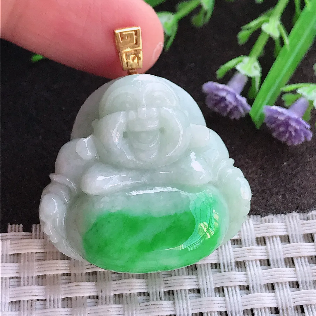 实拍A货翡翠31.8/34.7/12老坑18k金飘阳绿大佛公吊坠翡翠玉佛挂件