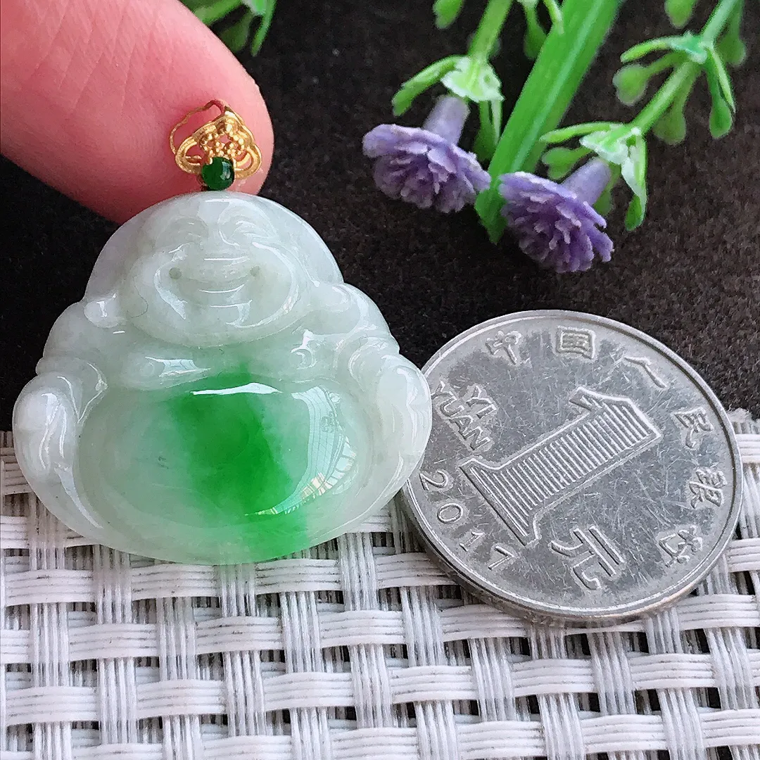 实拍A货翡翠25.8/28.6/5.2老坑18k金镶嵌飘阳绿佛公吊坠翡翠玉佛挂件