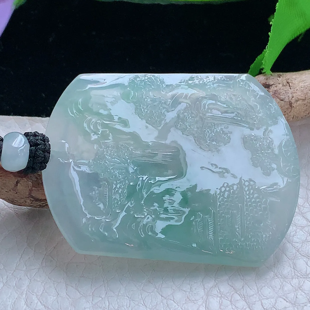 yl实拍52.640*4.5缅甸翡翠冰飘花山水 大好河山玉吊坠 玉挂件