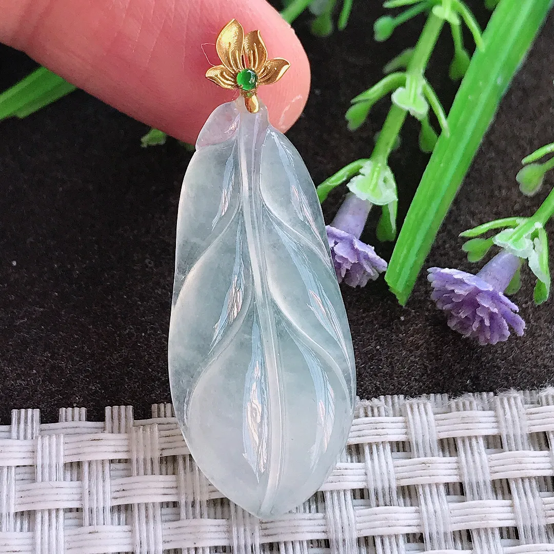 实拍A货翡翠36.8/16.2/4老坑18k金镶嵌冰种叶子吊坠白冰翡翠挂件