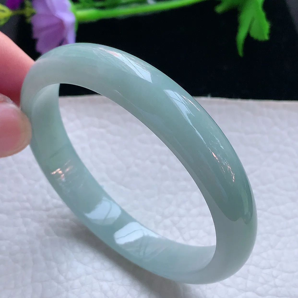 js大圈口60*12.3*7.3平安镯 天然缅甸翡翠玉手镯清新蓝韵水润宽边玉手环