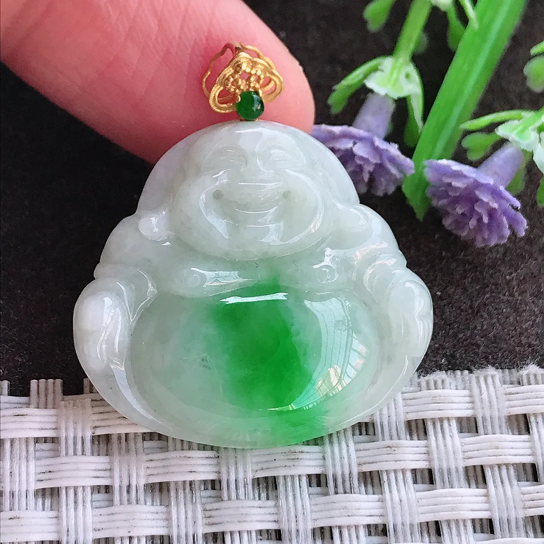 实拍A货翡翠25.8/28.6/5.2老坑18k金镶嵌飘阳绿佛公吊坠翡翠玉佛挂件