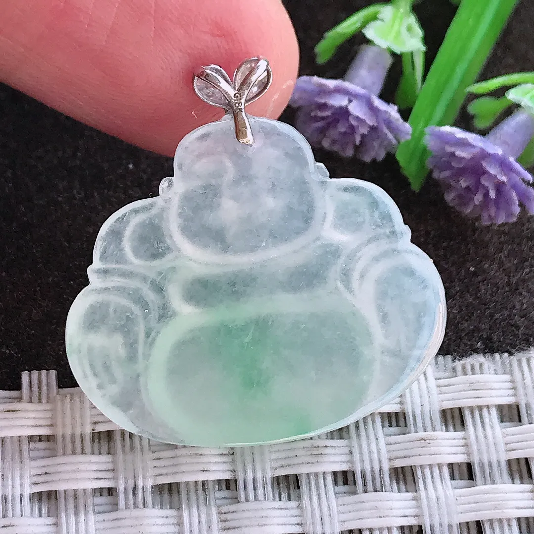 实拍A货翡翠22.6/26.5/4.9老坑18k金镶嵌冰胶飘绿佛公吊坠翡翠挂件