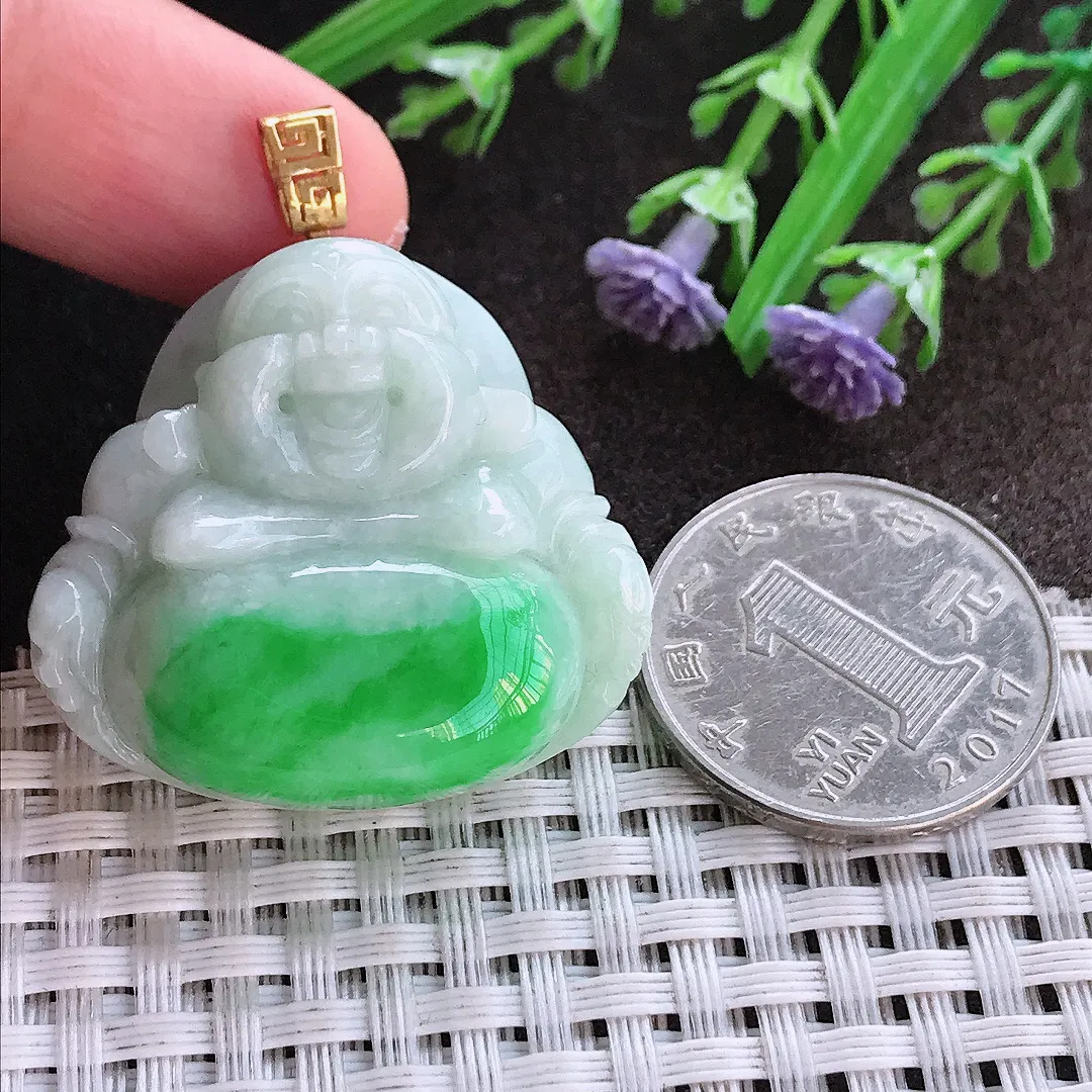 实拍A货翡翠31.8/34.7/12老坑18k金飘阳绿大佛公吊坠翡翠玉佛挂件
