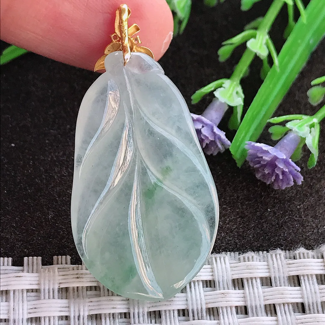 实拍A货翡翠35.6/20.7/4.6老坑18k金镶嵌冰胶果冻冰晴叶子吊坠翡翠挂件