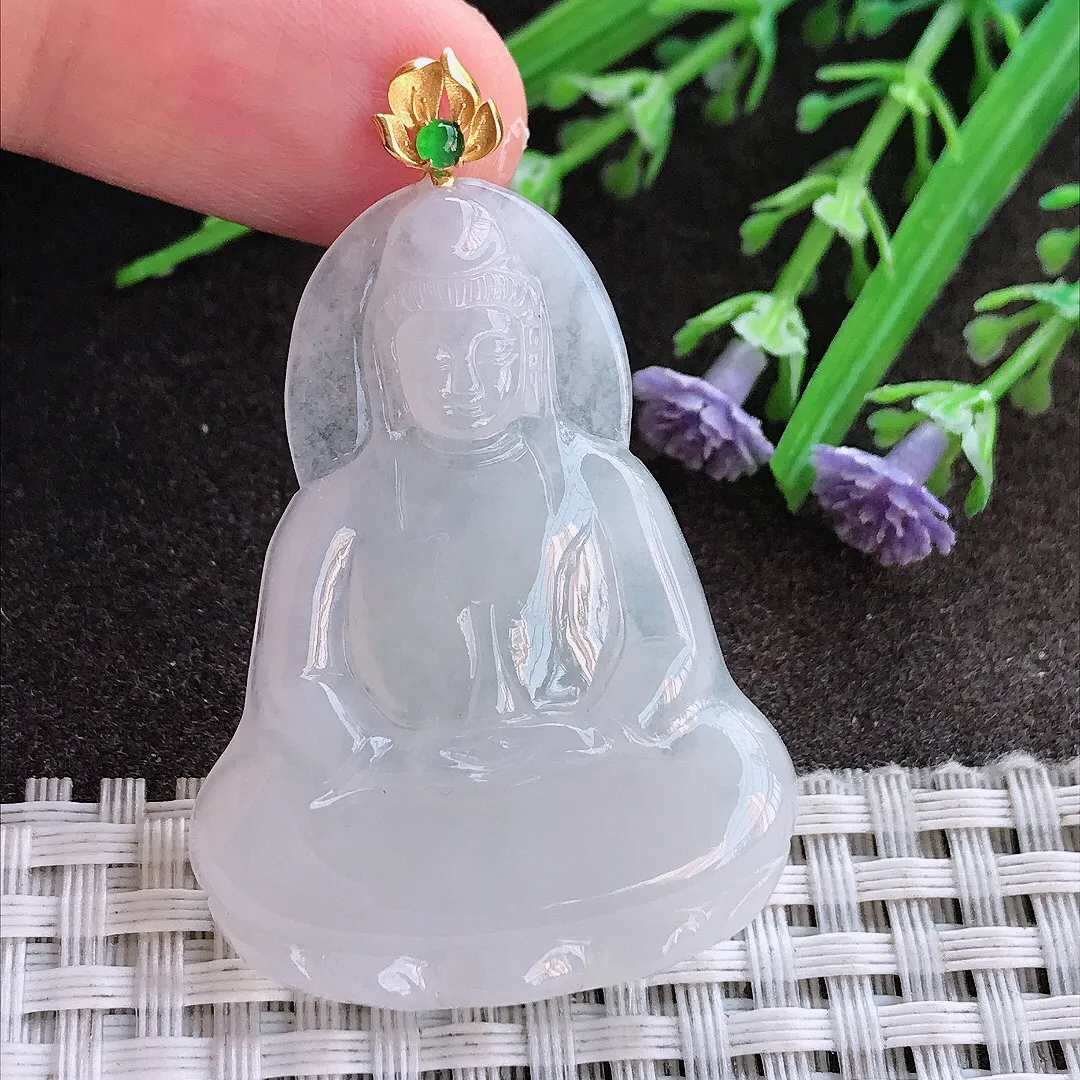 实拍A货翡翠44/32.8/4.7老坑18k金镶嵌冰润起胶月光白素衣观音吊坠翡翠挂件