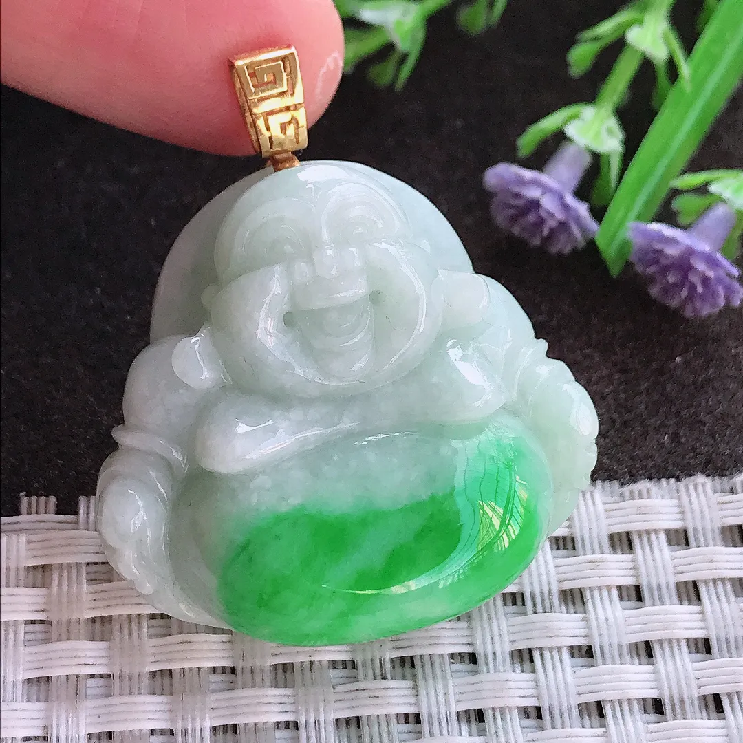 实拍A货翡翠31.8/34.7/12老坑18k金飘阳绿大佛公吊坠翡翠玉佛挂件