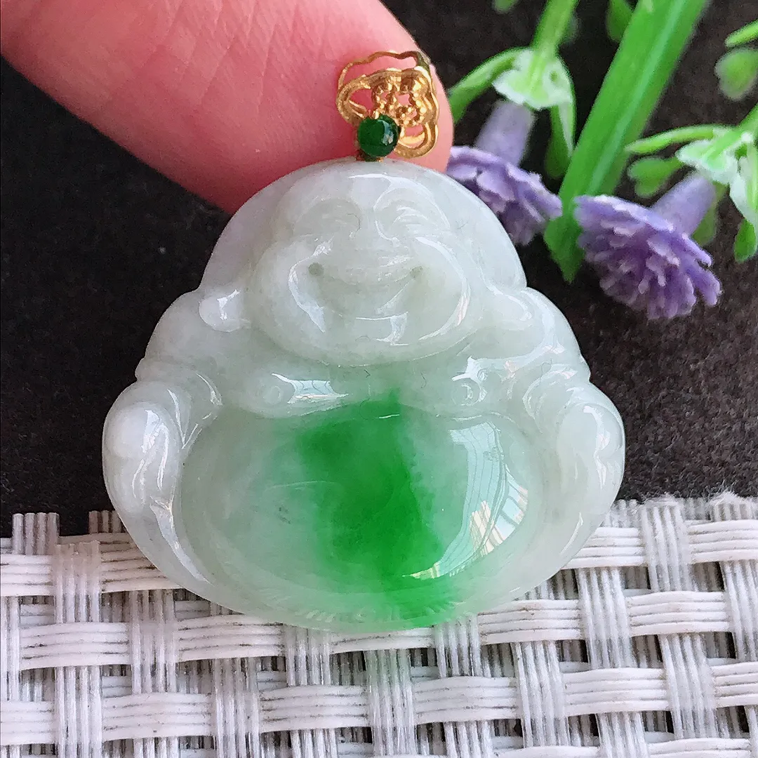 实拍A货翡翠25.8/28.6/5.2老坑18k金镶嵌飘阳绿佛公吊坠翡翠玉佛挂件