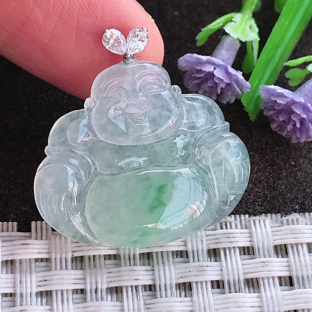 实拍A货翡翠22.6/26.5/4.9老坑18k金镶嵌冰胶飘绿佛公吊坠翡翠挂件