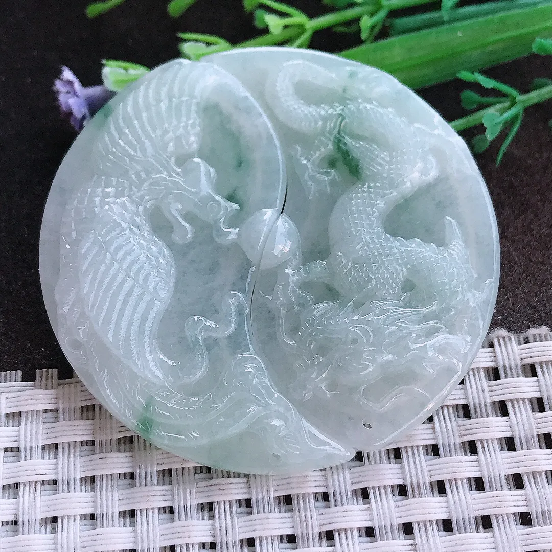 实拍A货翡翠52.2/26.5/5.6老坑秀气温润飘花龙凤对吊坠翡翠龙凤牌挂件