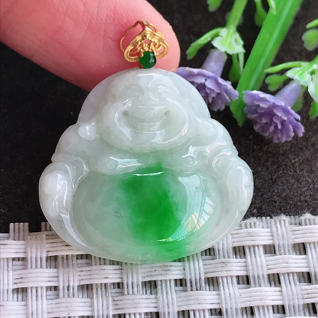 实拍A货翡翠25.8/28.6/5.2老坑18k金镶嵌飘阳绿佛公吊坠翡翠玉佛挂件