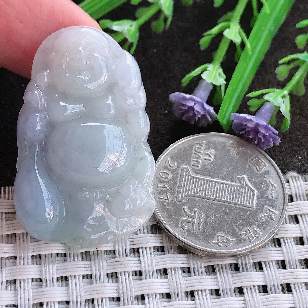 实拍A货翡翠37.8/24/6.9老坑秀气温润紫罗兰布袋佛吊坠翡翠佛公挂件