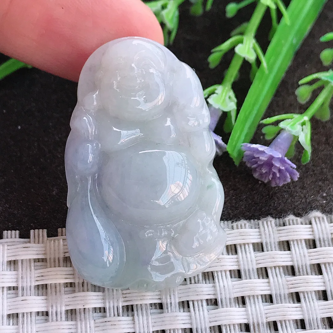 实拍A货翡翠37.8/24/6.9老坑秀气温润紫罗兰布袋佛吊坠翡翠佛公挂件