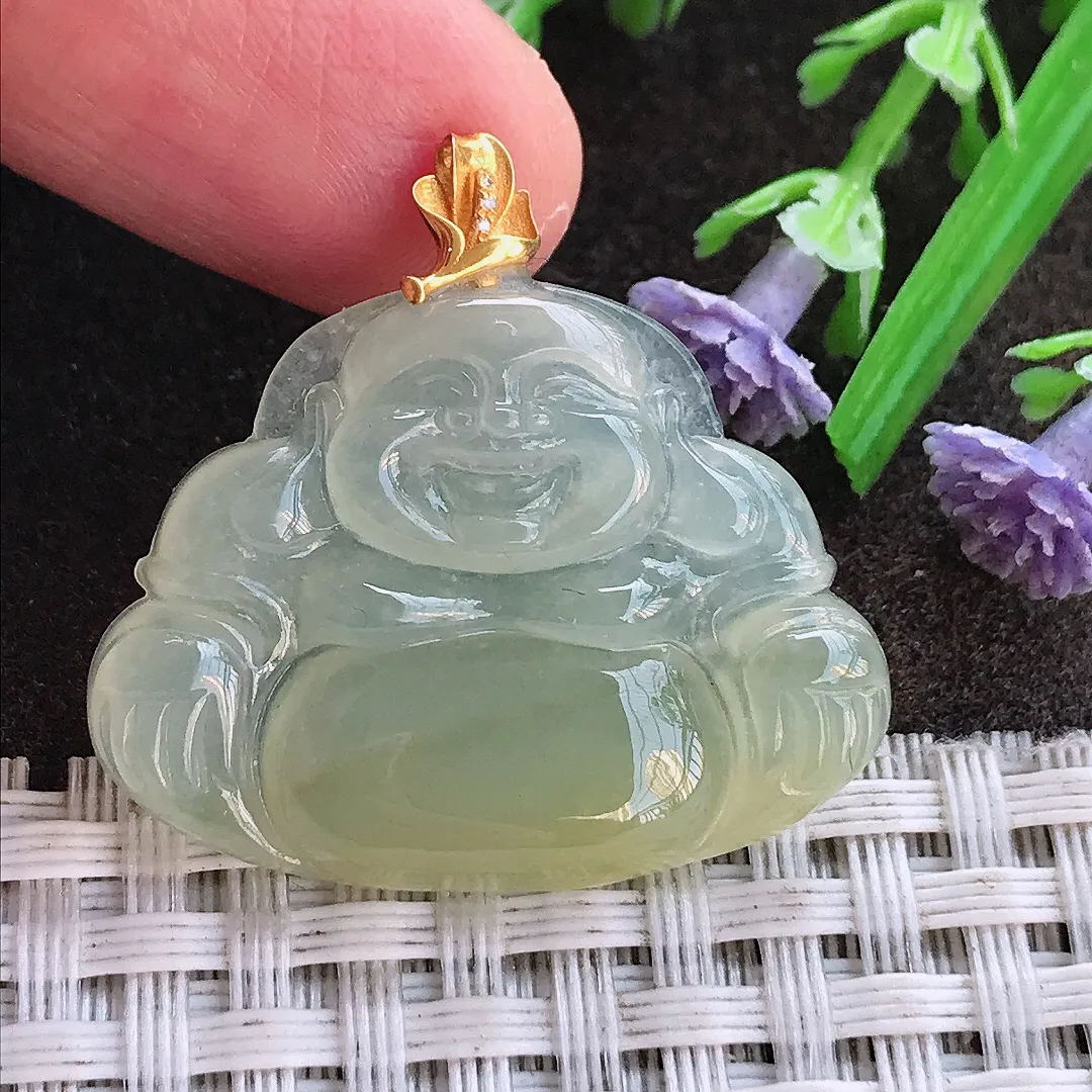 实拍A货翡翠24.2/31.8/4.5老坑18k金镶嵌冰种冰黄翡佛公吊坠翡翠挂件