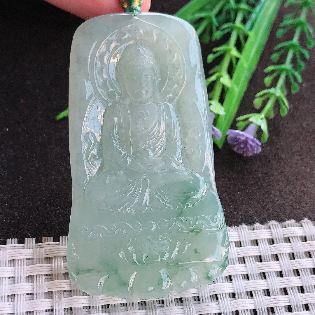 实拍A货翡翠65/36.3/5.6老坑冰润起胶飘花如来佛祖吊坠翡翠挂件