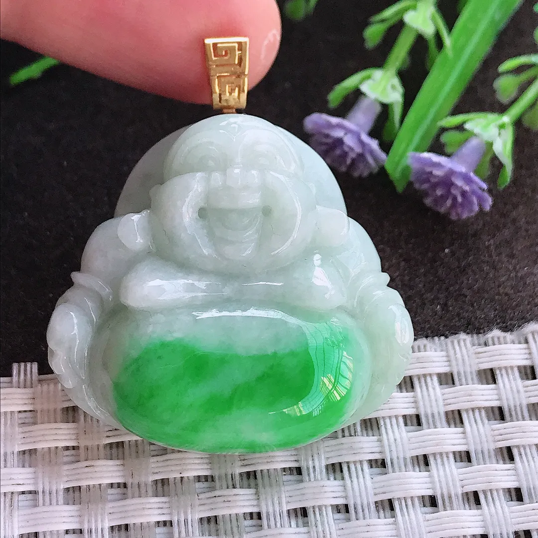实拍A货翡翠31.8/34.7/12老坑18k金飘阳绿大佛公吊坠翡翠玉佛挂件