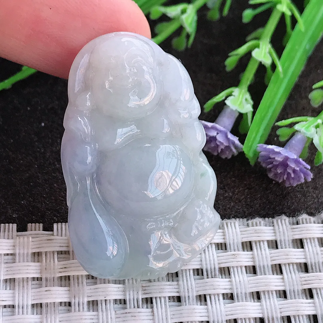 实拍A货翡翠37.8/24/6.9老坑秀气温润紫罗兰布袋佛吊坠翡翠佛公挂件