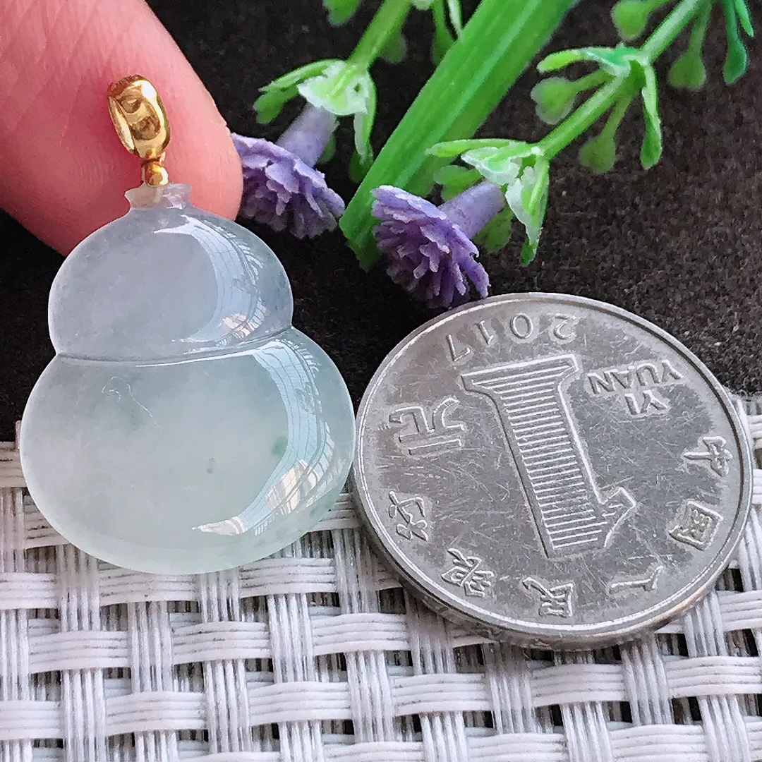 实拍A货翡翠24/20.2/4.4老坑18k金镶嵌冰透起胶葫芦吊坠翡翠挂件