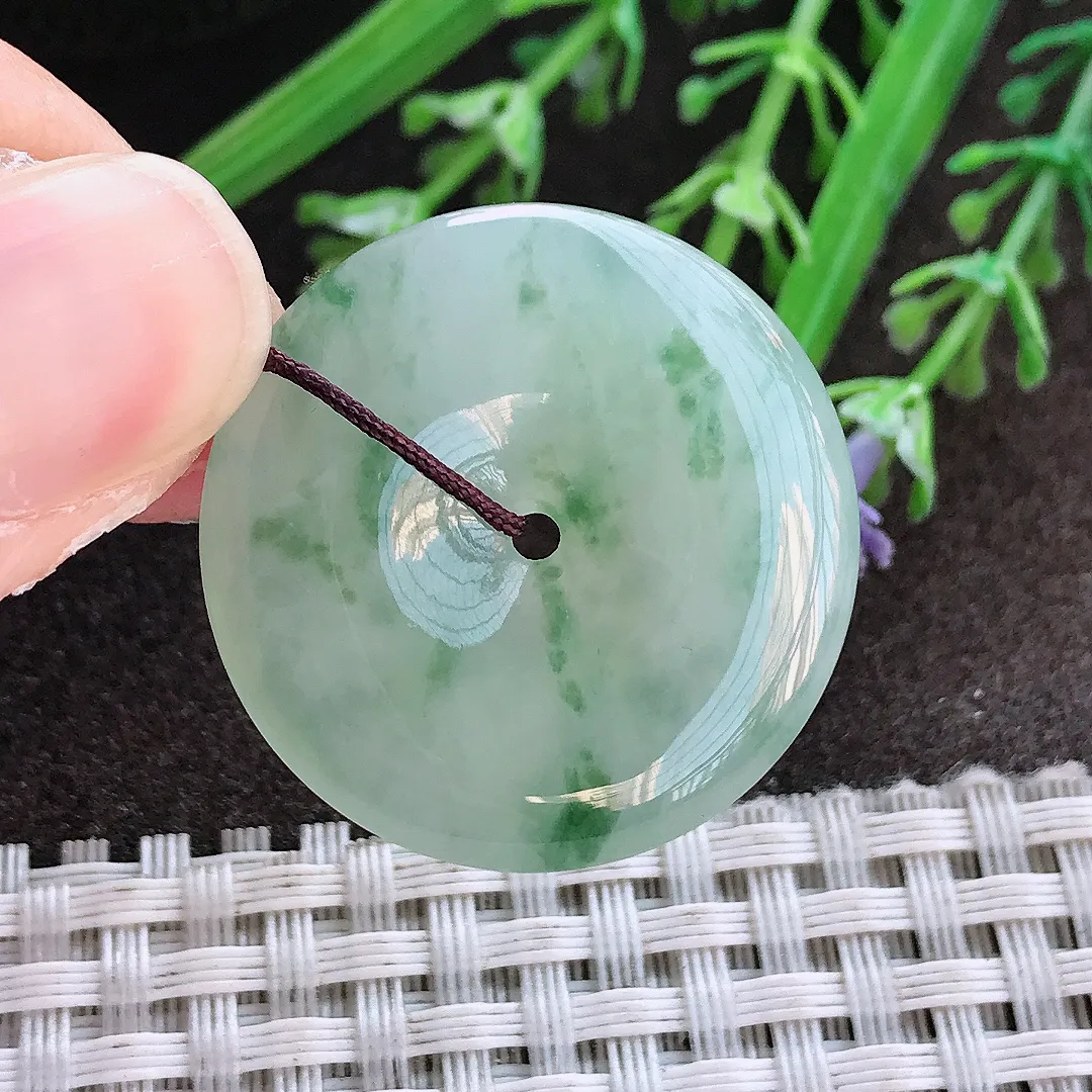 实拍A货翡翠30.3/5.2老坑冰胶果冻冰飘花平安扣吊坠翡翠挂件