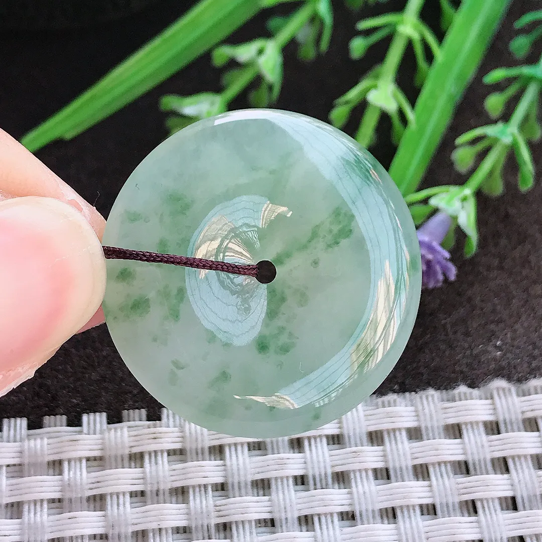 实拍A货翡翠30.3/5.2老坑冰胶果冻冰飘花平安扣吊坠翡翠挂件