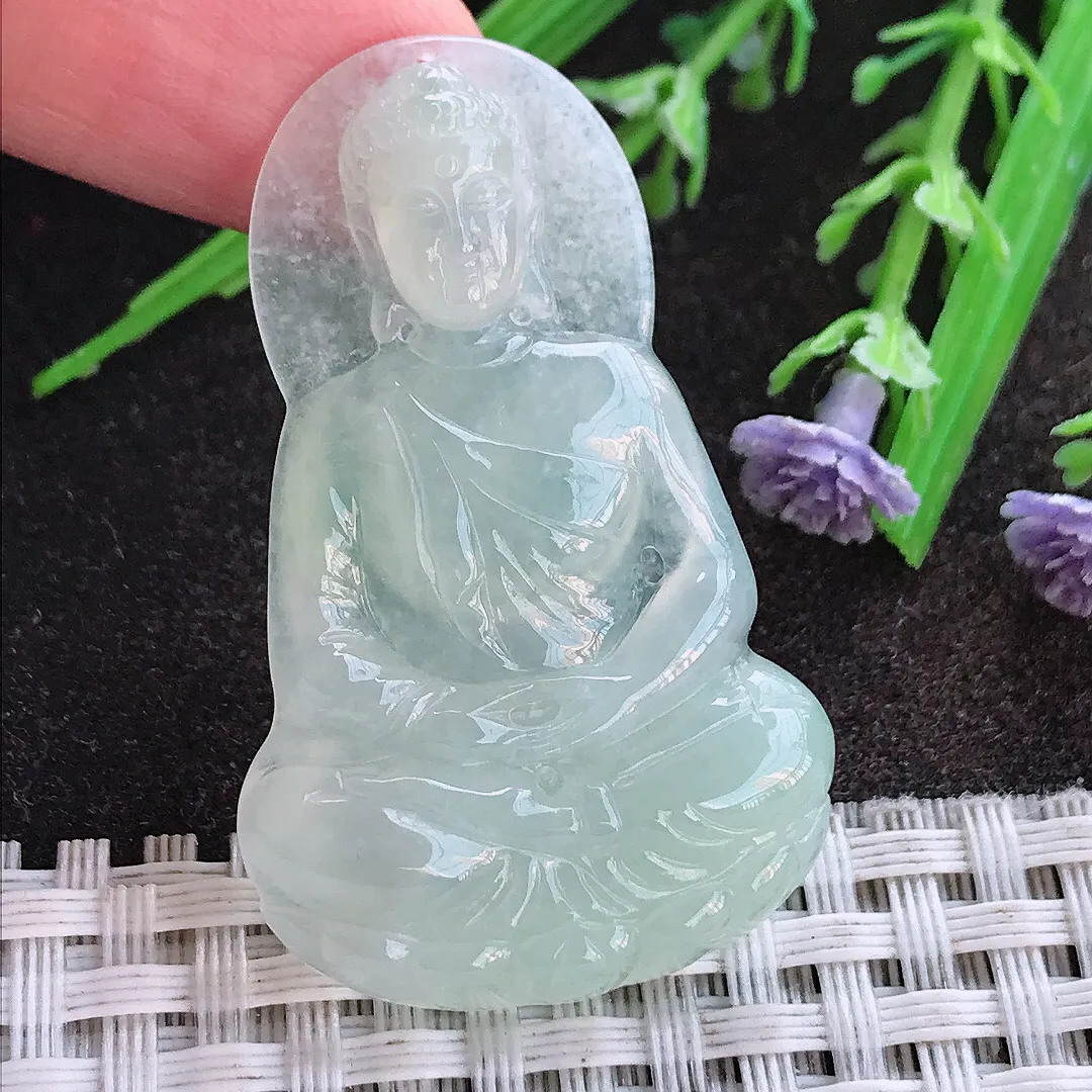 实拍A货翡翠45/28/5.3老坑冰润起胶冰晴如来佛祖吊坠翡翠挂件