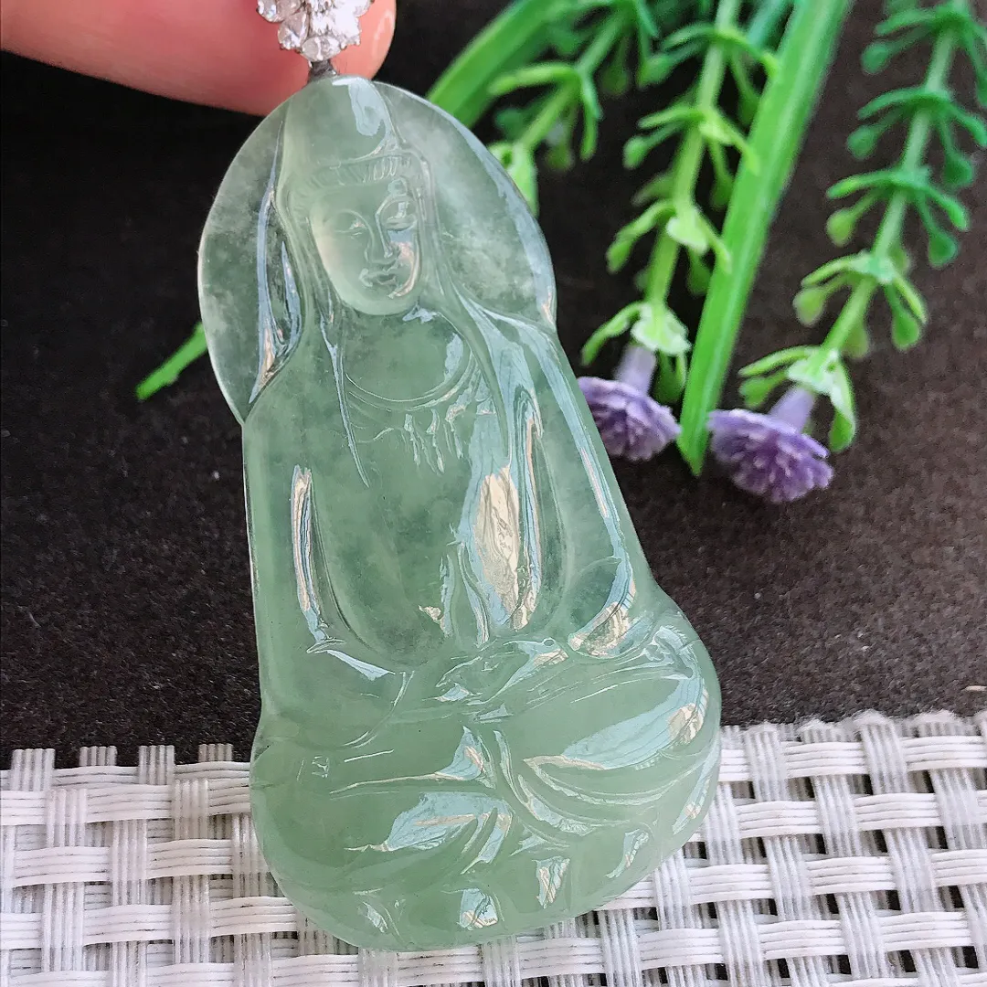实拍A货翡翠56.6/33/5.5老坑18k金镶嵌冰种冰晴绿素衣观音吊坠翡翠玉观音