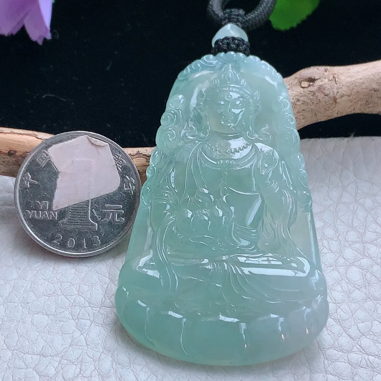 yl实拍67.5*38.5*5.8缅甸翡翠冰蓝度母观音玉吊坠 玉挂件
