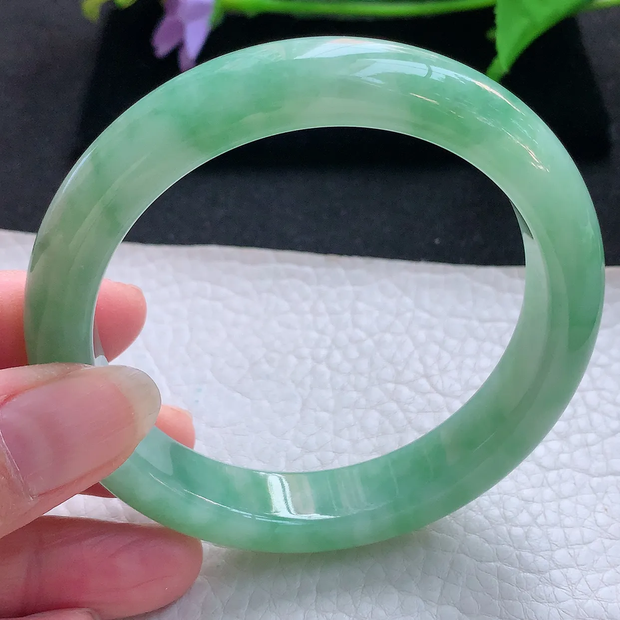 xc大圈口60*12.6*9.3平安镯 天然缅甸翡翠玉手镯冰绿厚装宽边玉手环
