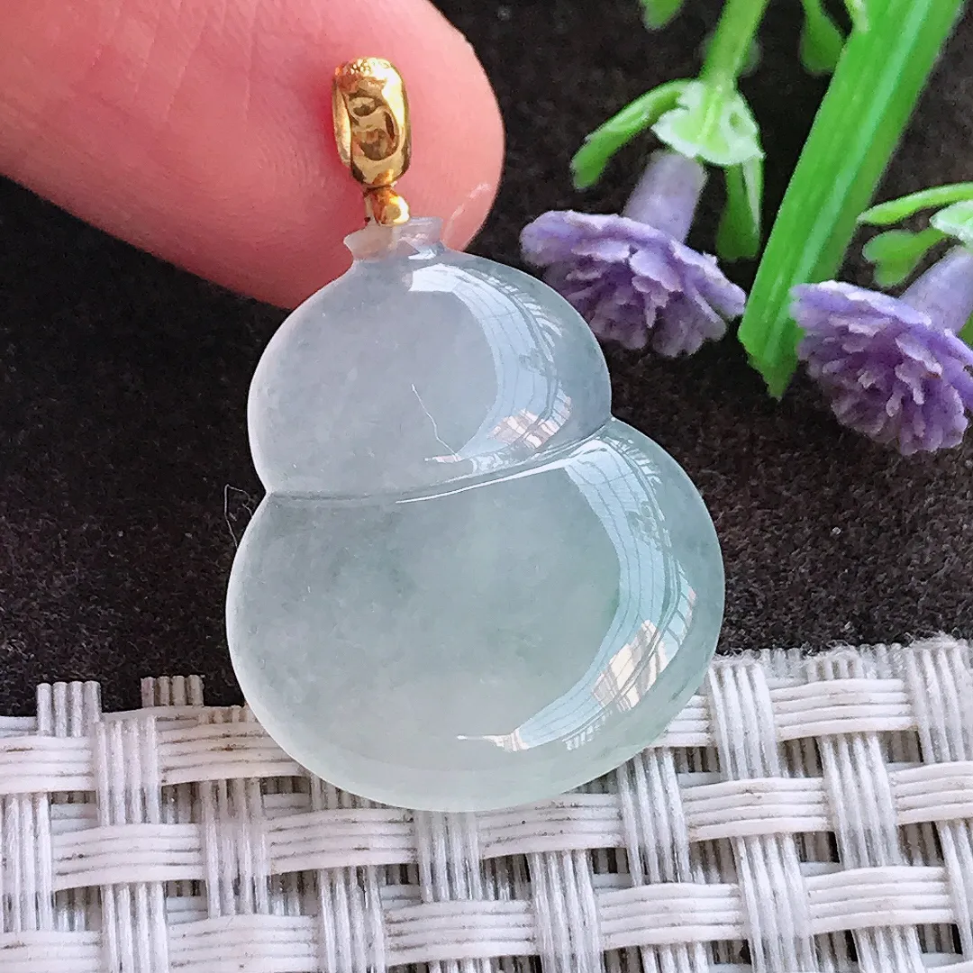 实拍A货翡翠24/20.2/4.4老坑18k金镶嵌冰透起胶葫芦吊坠翡翠挂件