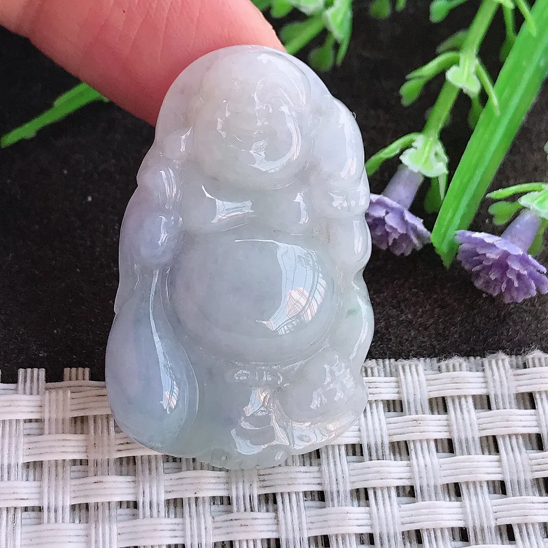 实拍A货翡翠37.8/24/6.9老坑秀气温润紫罗兰布袋佛吊坠翡翠佛公挂件