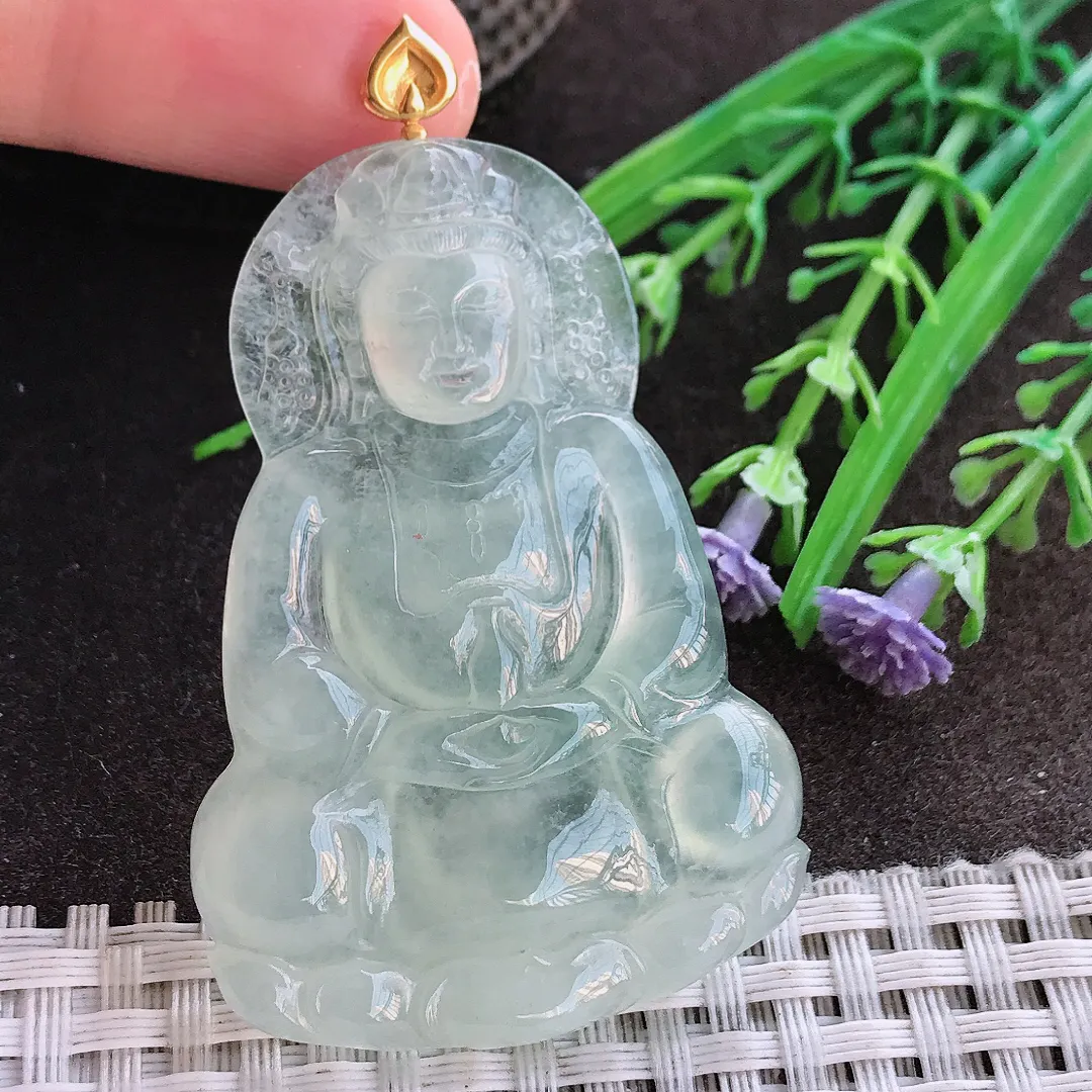 实拍A货翡翠54/38/5.8老坑18k金镶嵌冰种冰晴正装观音吊坠翡翠挂件