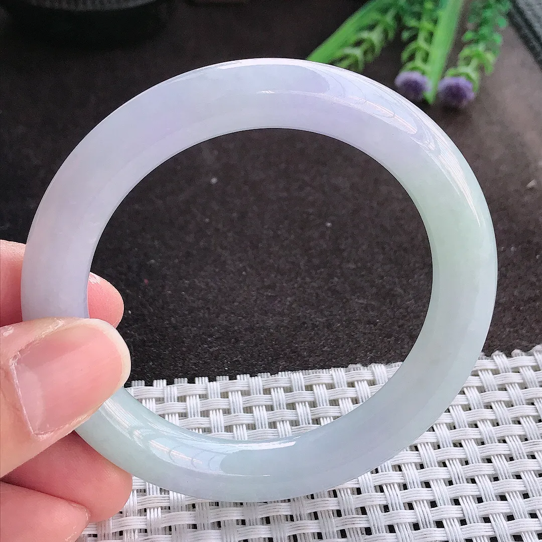 实拍翡翠A货55.5/10老坑冰胶果冻淡雅紫罗兰圆条手镯翡翠玉镯手环女款百搭