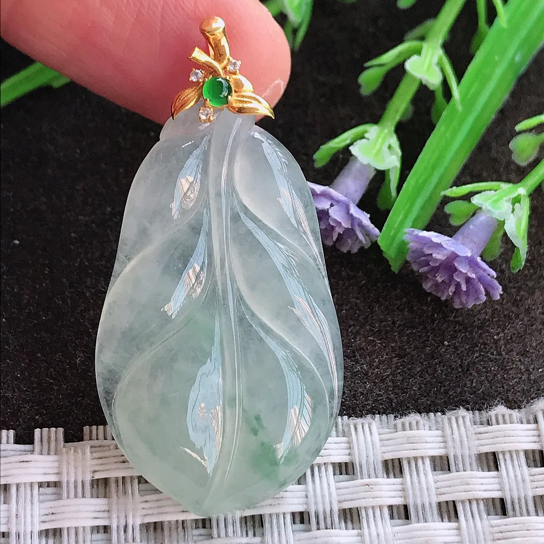 实拍A货翡翠35.6/20.7/4.6老坑18k金镶嵌冰胶果冻冰晴叶子吊坠翡翠挂件