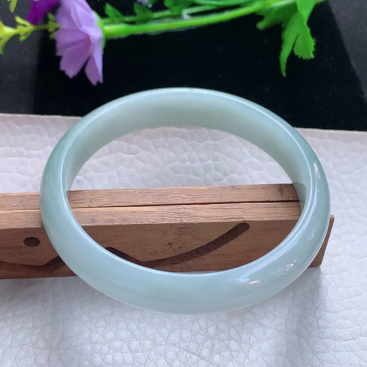 js大圈口60*12.3*7.3平安镯 天然缅甸翡翠玉手镯清新蓝韵水润宽边玉手环