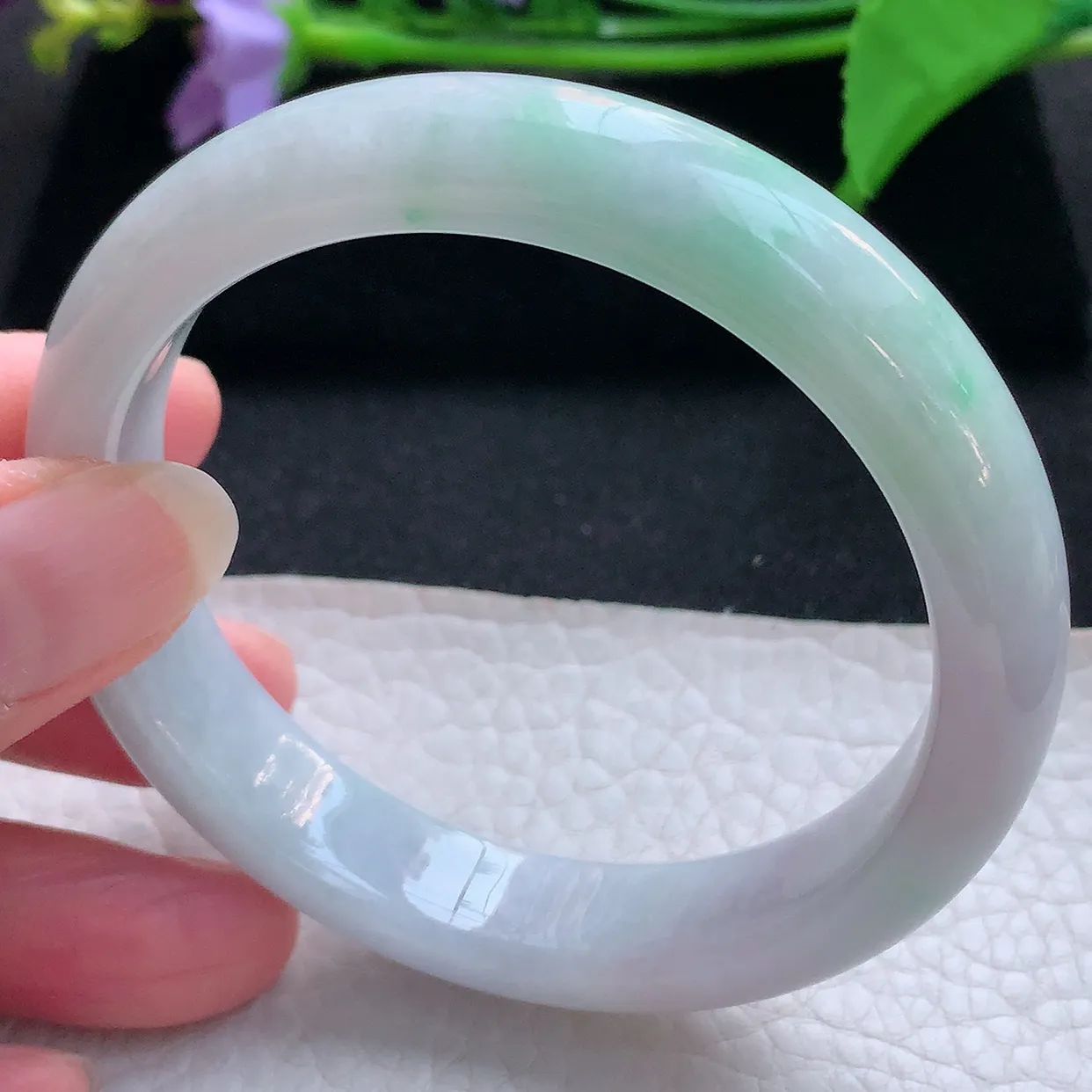 nc实拍58*12.5*8平安镯 天然缅甸翡翠玉手镯淡春带彩水润宽边玉手环