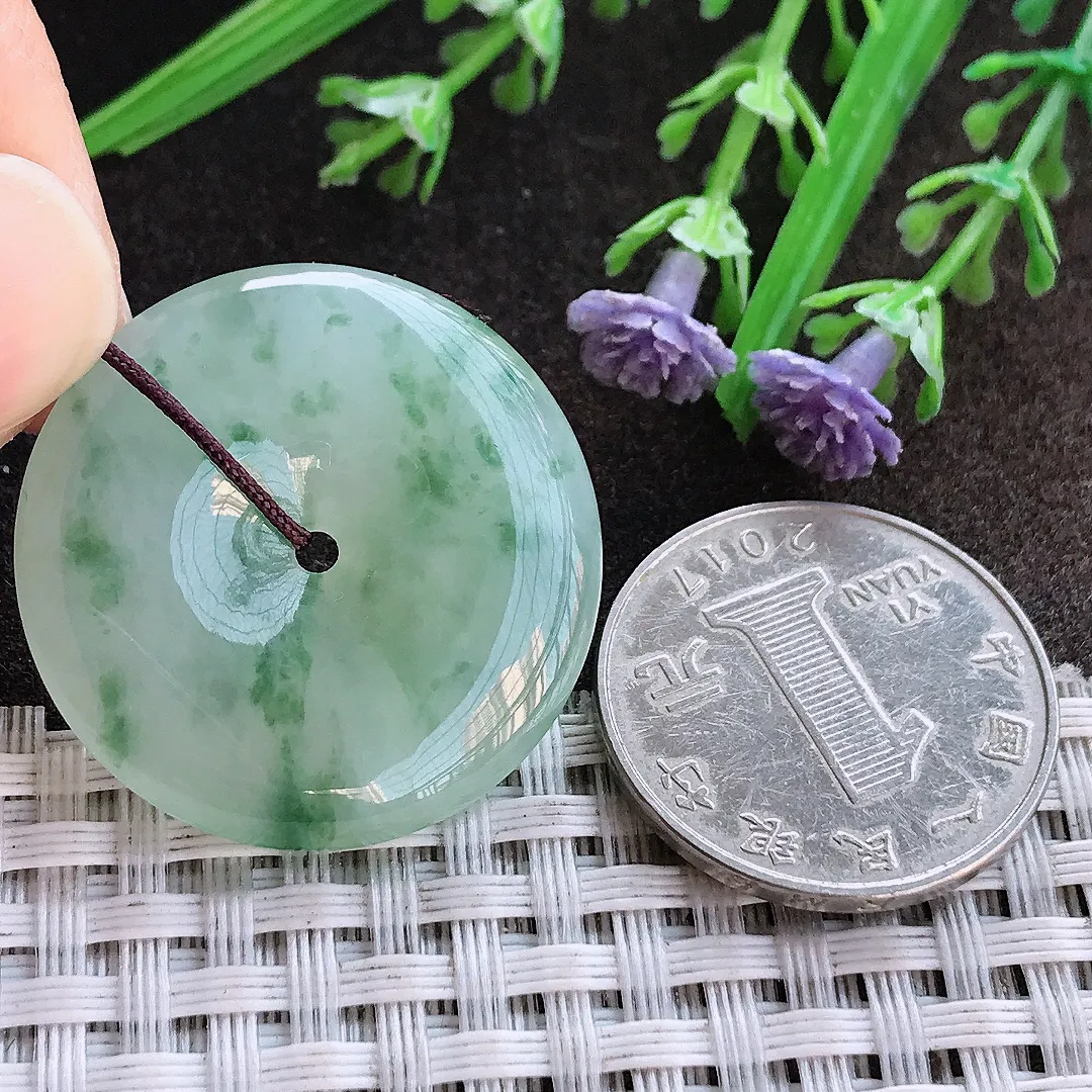 实拍A货翡翠30.3/5.2老坑冰胶果冻冰飘花平安扣吊坠翡翠挂件