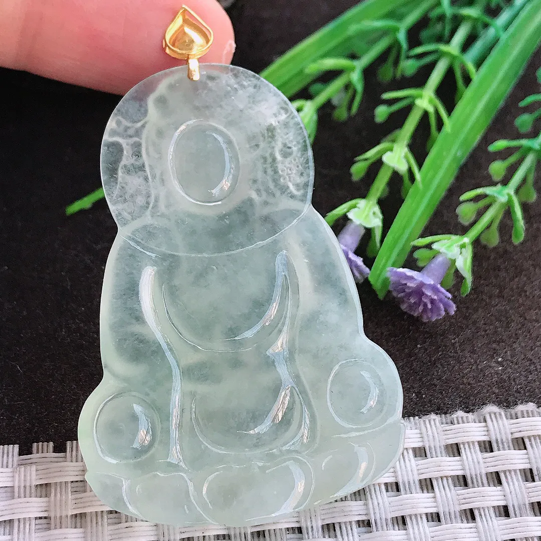 实拍A货翡翠54/38/5.8老坑18k金镶嵌冰种冰晴正装观音吊坠翡翠挂件