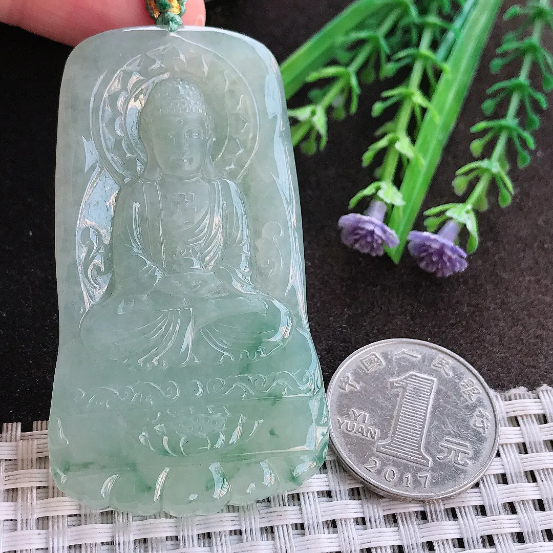 实拍A货翡翠65/36.3/5.6老坑冰润起胶飘花如来佛祖吊坠翡翠挂件
