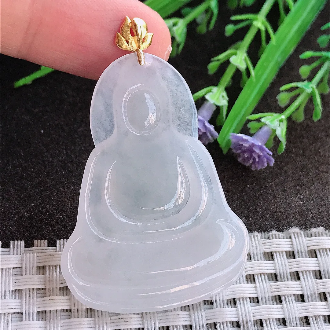 实拍A货翡翠44/32.8/4.7老坑18k金镶嵌冰润起胶月光白素衣观音吊坠翡翠挂件