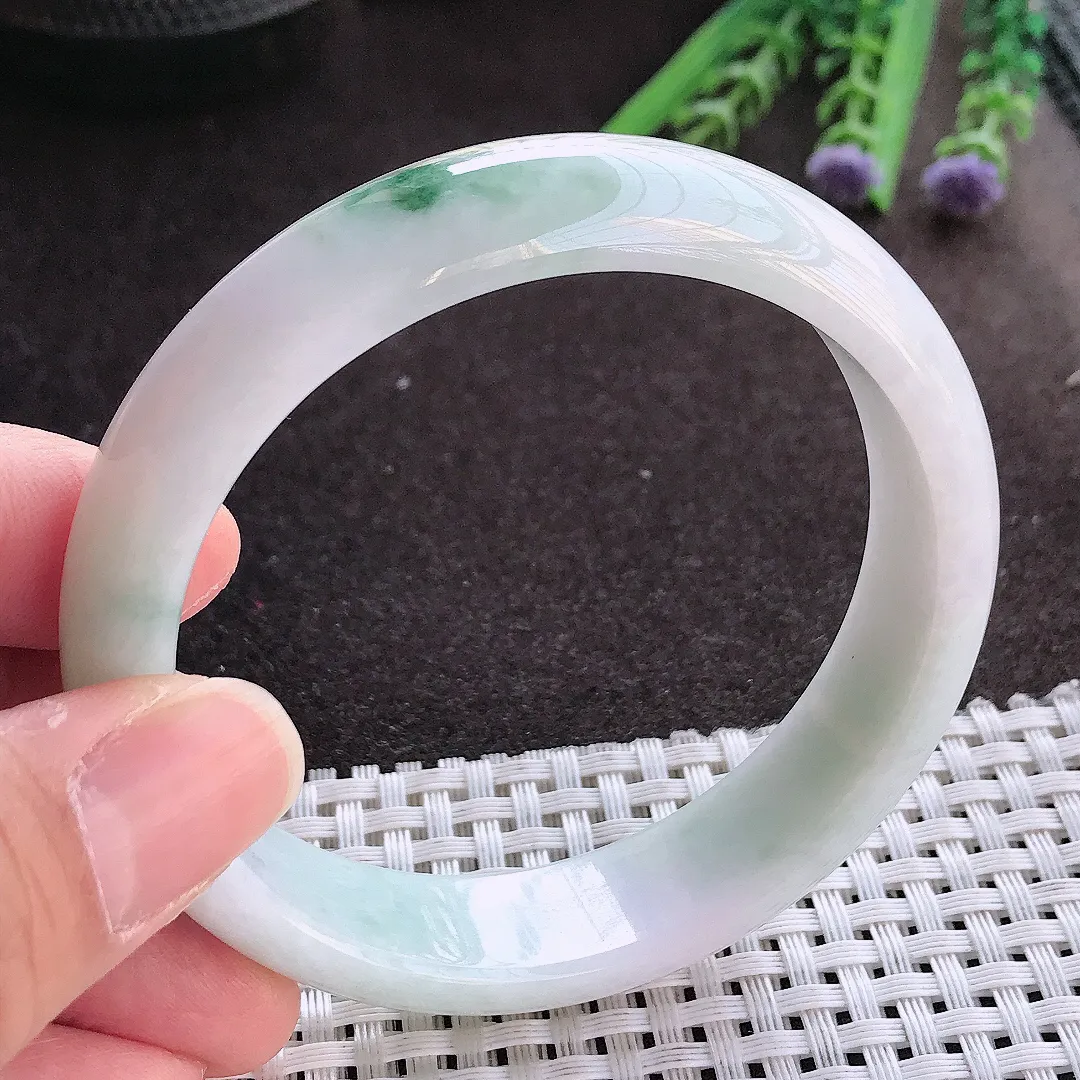 实拍翡翠A货59/15/7.6老坑秀气温润飘花手镯翡翠玉镯女款百搭