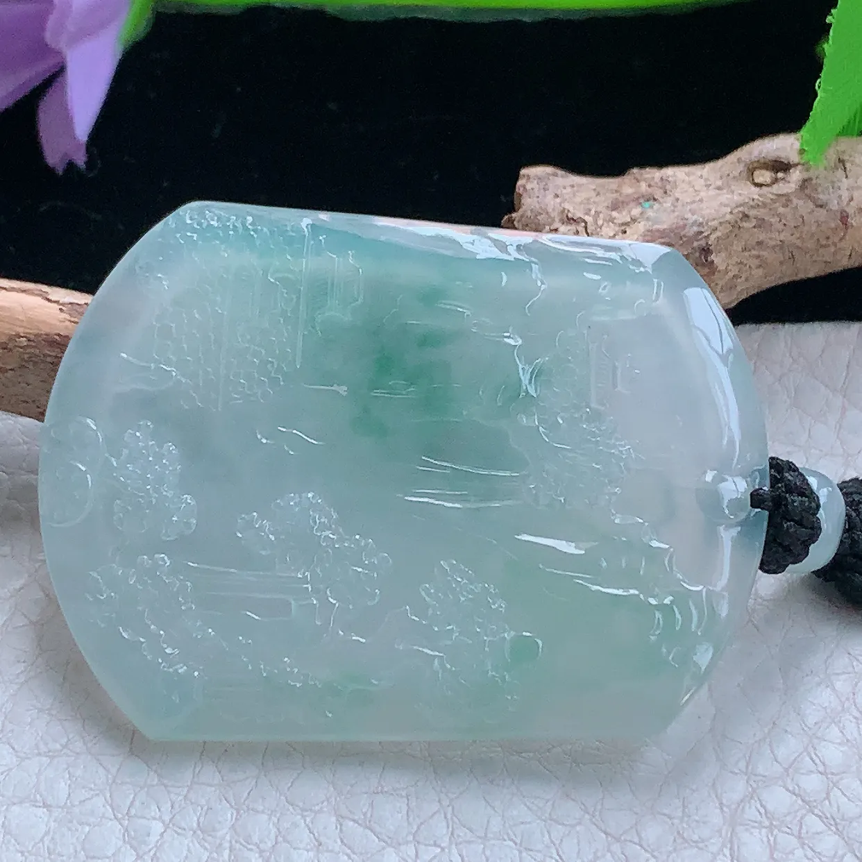 yl实拍52.640*4.5缅甸翡翠冰飘花山水 大好河山玉吊坠 玉挂件