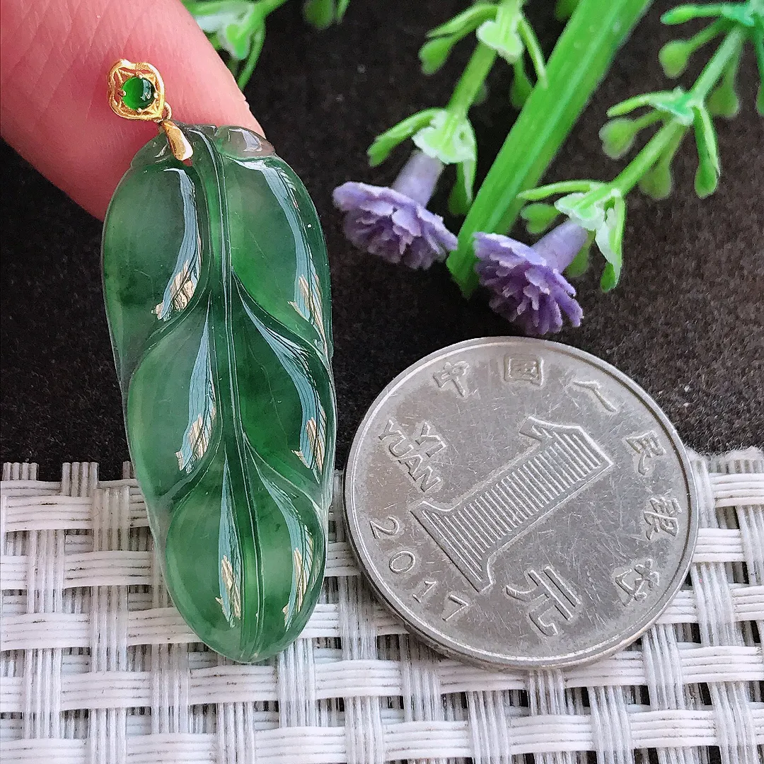 实拍A货翡翠35.6/15/3.7老坑18k金镶嵌冰果冻飘花叶子吊坠翡翠挂件