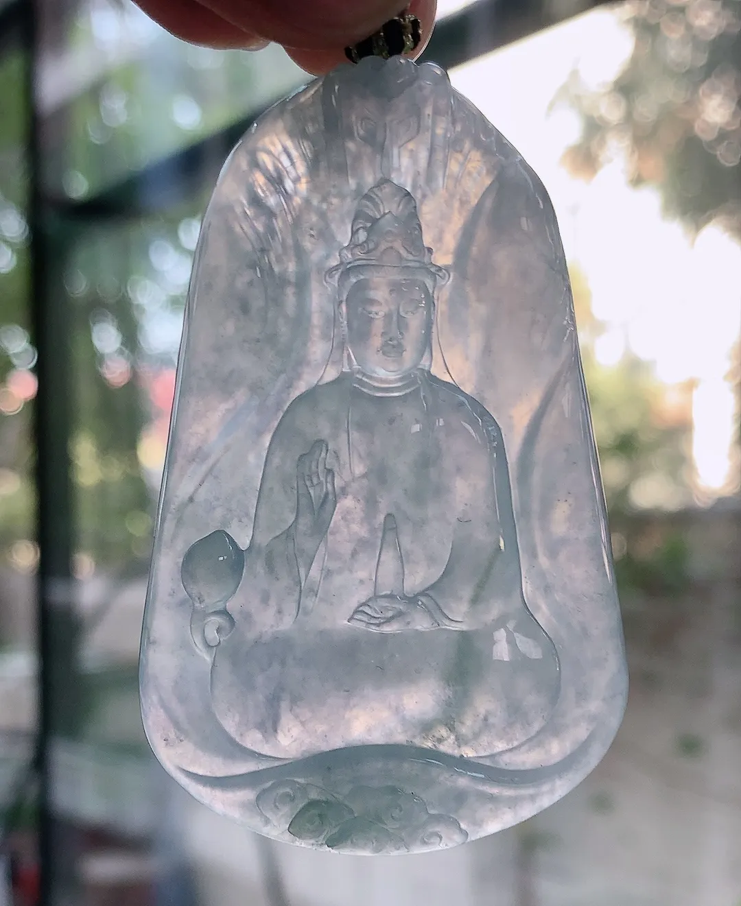 yl实拍66.5*42.5*7.2缅甸翡翠冰蓝持瓶观音 玉观音玉吊坠 玉挂件