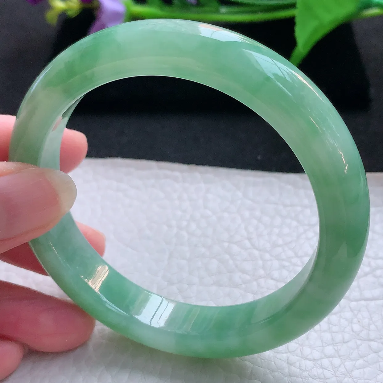 xc大圈口60*12.6*9.3平安镯 天然缅甸翡翠玉手镯冰绿厚装宽边玉手环