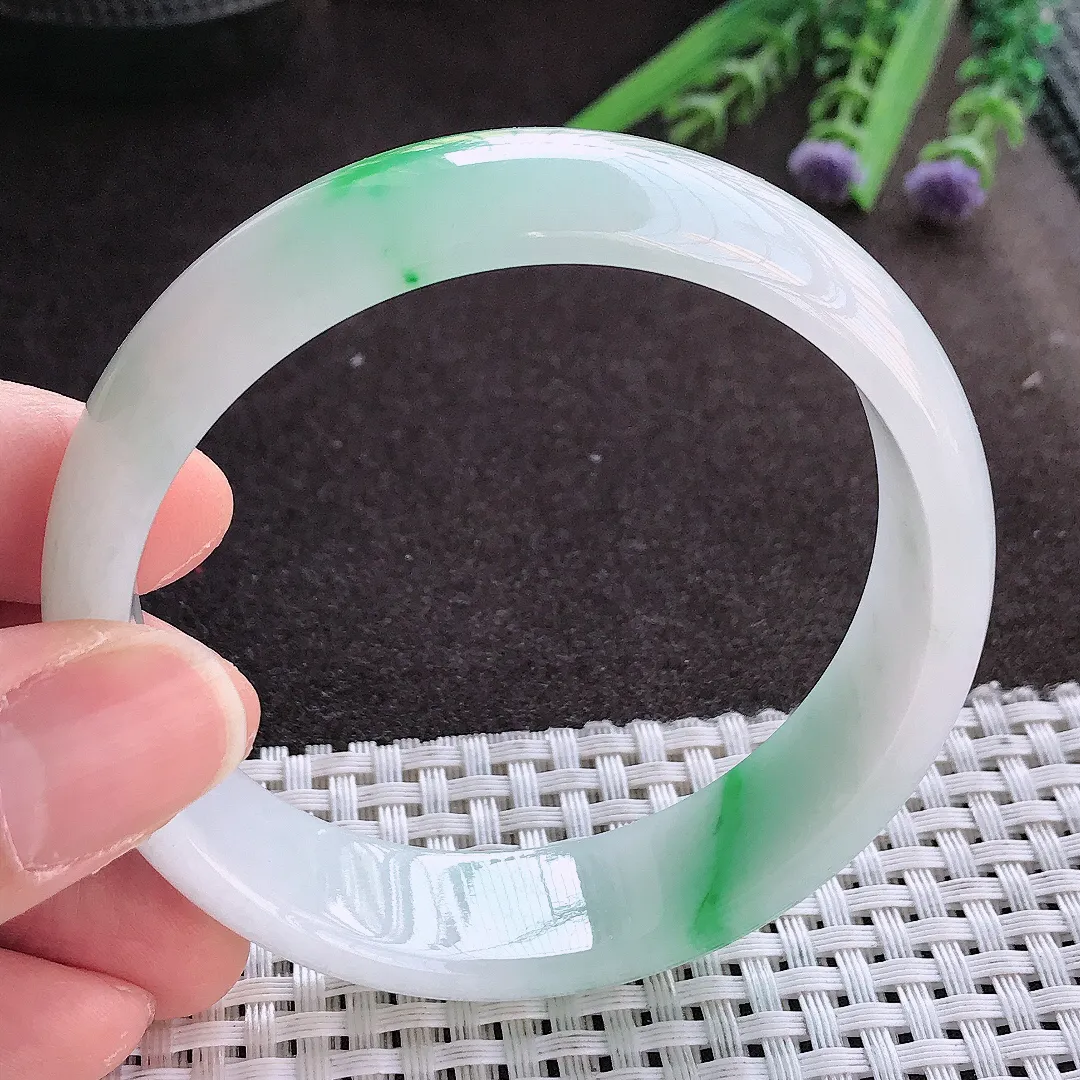 实拍翡翠A货59/16/6.8老坑冰润飘阳绿轮胎手镯翡翠玉镯女款百搭