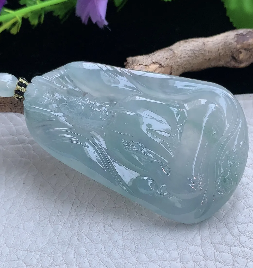 yl实拍66.5*42.5*7.2缅甸翡翠冰蓝持瓶观音 玉观音玉吊坠 玉挂件