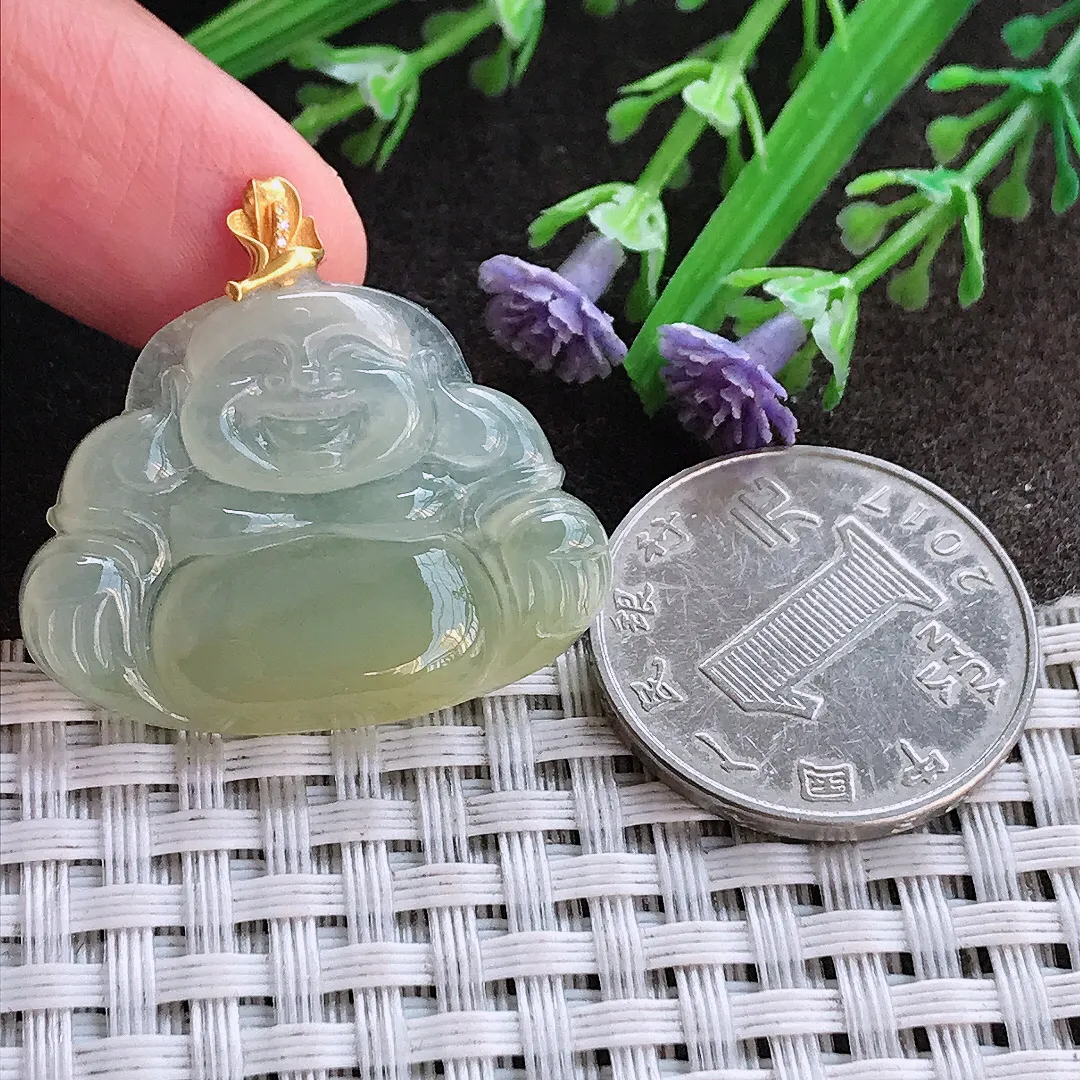 实拍A货翡翠24.2/31.8/4.5老坑18k金镶嵌冰种冰黄翡佛公吊坠翡翠挂件