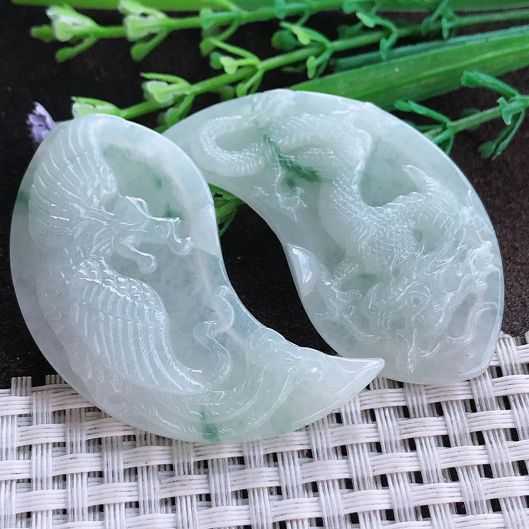 实拍A货翡翠52.2/26.5/5.6老坑秀气温润飘花龙凤对吊坠翡翠龙凤牌挂件