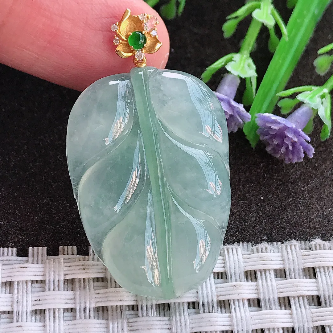 实拍A货翡翠31.2/22.2/5.5老坑18k金镶嵌冰胶冰晴叶子吊坠翡翠挂件