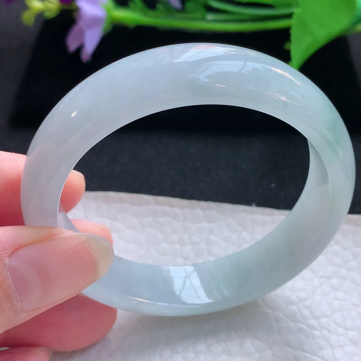 js实拍59.5*53.5*13.5*7贵妃镯 天然缅甸翡翠玉手镯冰飘花蛋形宽边玉手环